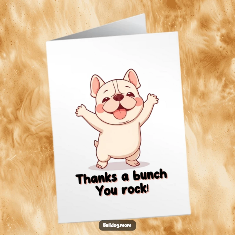 Funny Free Printable Thank You Card featuring a kawaii bulldog doing a cute, happy dance to show thanks.