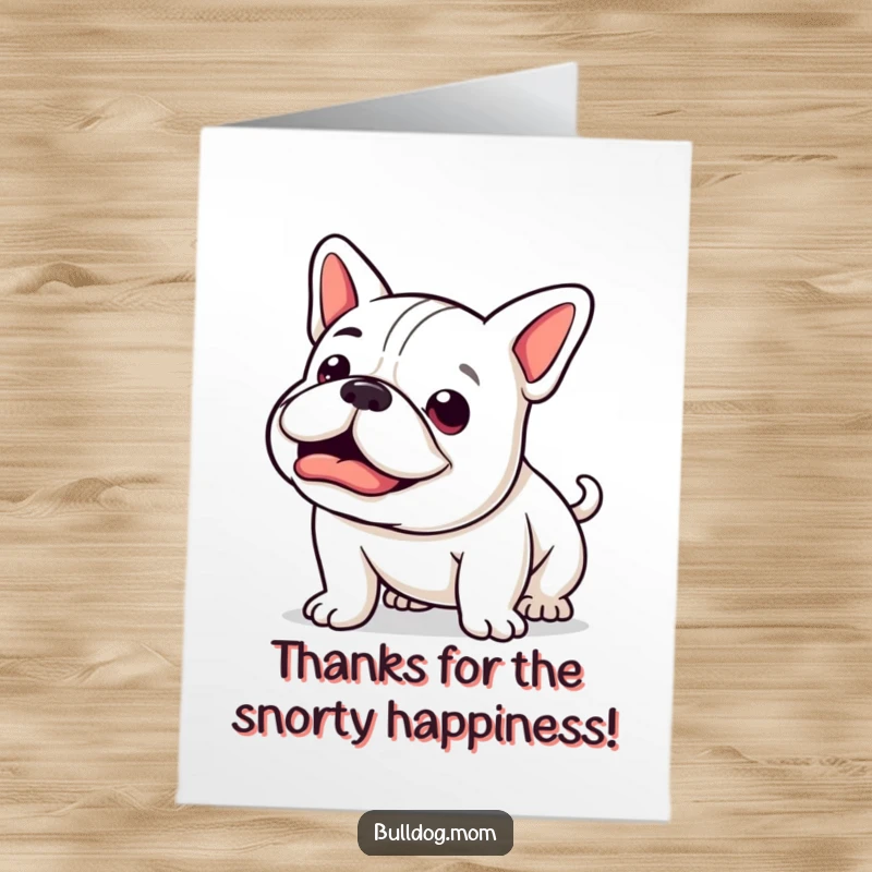 Funny Free Printable Thank You Card: Kawaii Bulldog making a happy snort sound, tail wagging energetically.