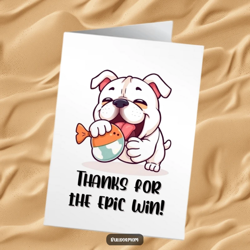 Funny Free Printable Thank You Card: Kawaii Bulldog locked in a hilarious struggle with a squeaky toy.