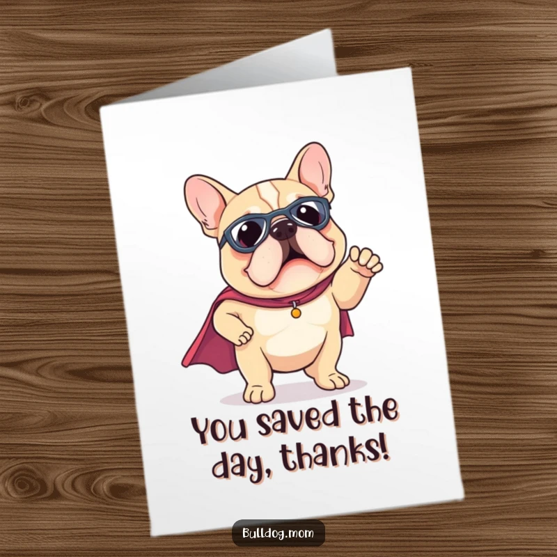 Funny Free Printable Thank You Card of a kawaii bulldog wearing a superhero cape, striking a funny pose to say thanks.