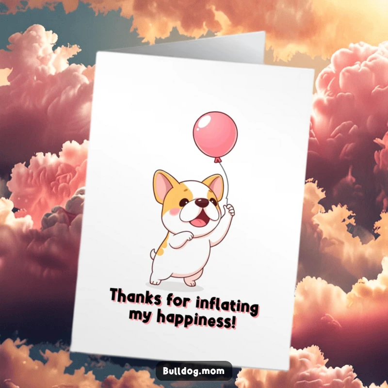 Funny Free Printable Thank You Card: Kawaii bulldog excitedly trying to catch a floating balloon, pure delight.