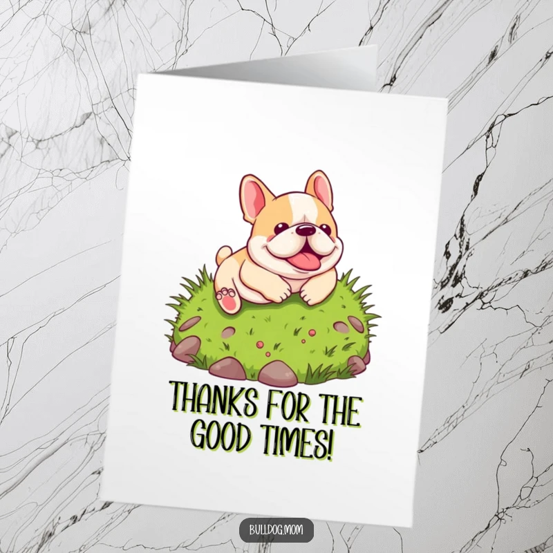 Funny Free Printable Thank You Card: Kawaii bulldog tumbling down a hill, expressing joyous thanks.