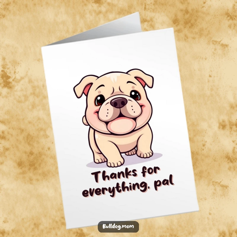 Funny Free Printable Thank You Card: A happy Kawaii Bulldog shows off its jowly grin, tail wagging with thanks.