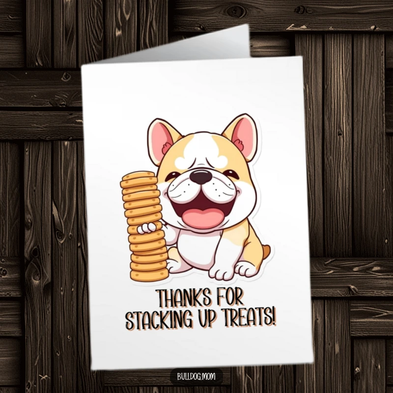 Funny Free Printable Bulldog Thank You Card: Kawaii dog laughs while balancing biscuits, showing immense thanks.