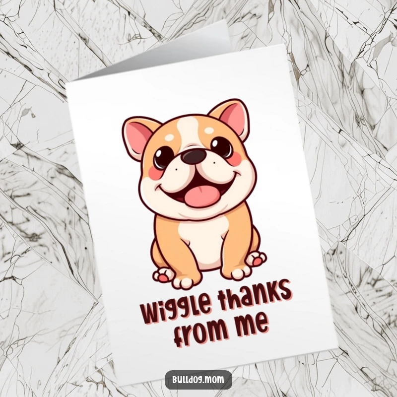 Funny Free Printable Thank You Card: Kawaii bulldog doing a silly wiggle, conveying pure happiness.