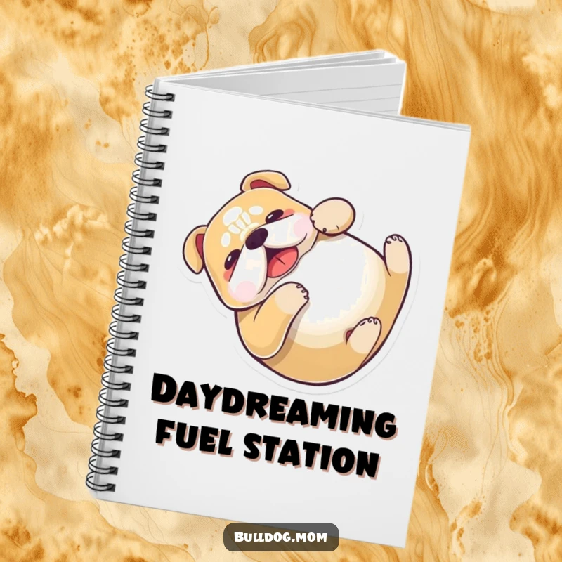 Funny Kawaii Bulldog Notebook featuring a happy dog rolling, ideal for jotting notes and sketches with a touch of humor.