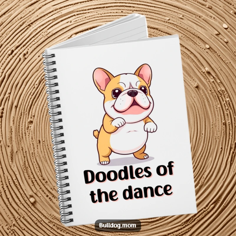 Funny Notebook with a Kawaii bulldog doing a lively wiggly dance, its tail wagging, inspiring creativity and smiles on every page.