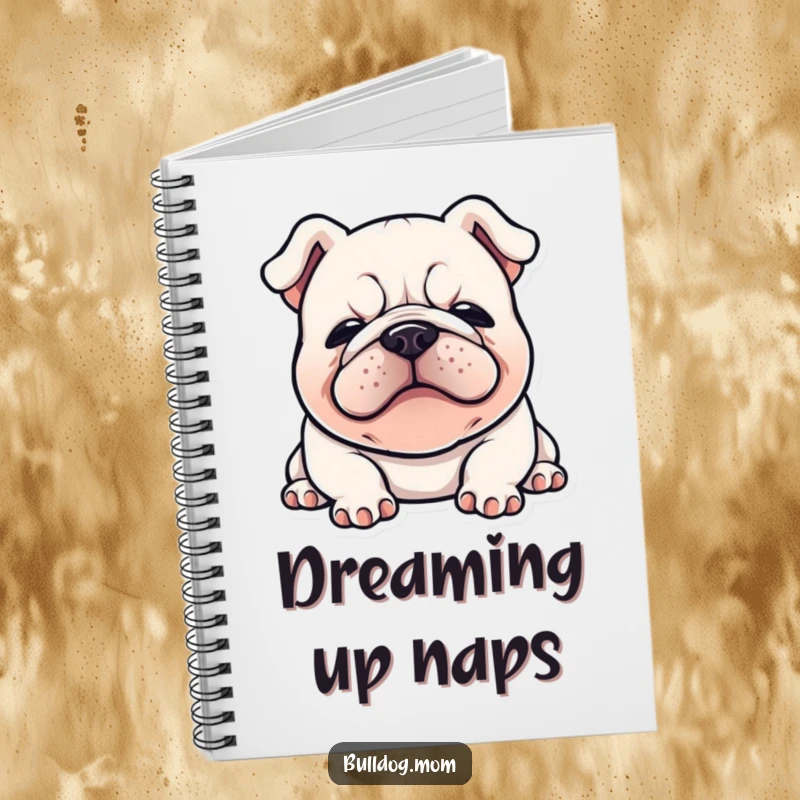 Funny Kawaii Bulldog notebook featuring a happy bulldog flopped down with a satisfied sigh, perfect for journaling and note-taking.