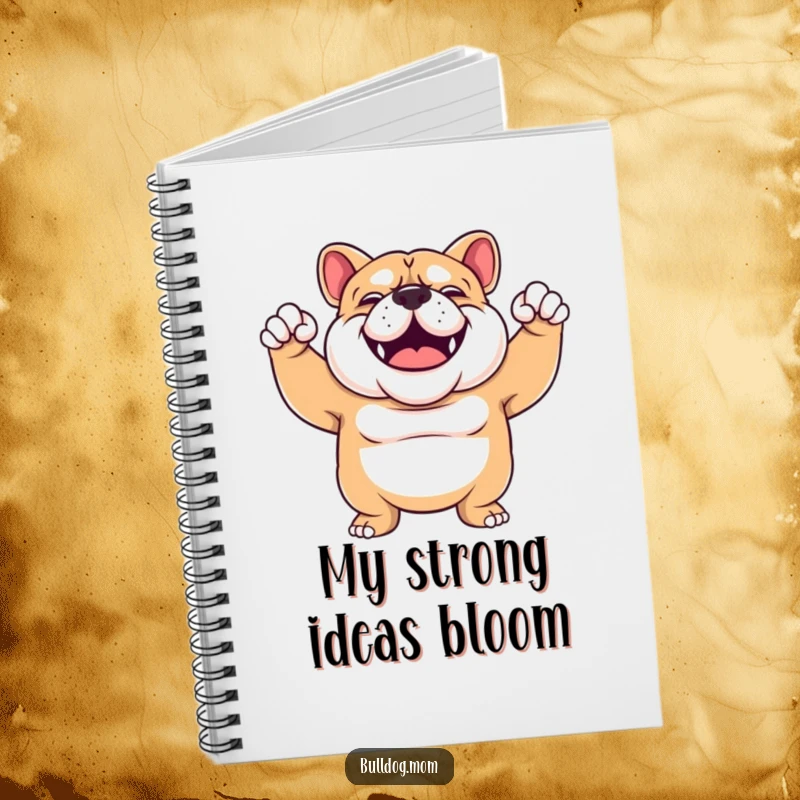 Funny Bulldog flex notebook with a sturdy, smiling Bulldog enthusiastically flexing its arms, inspiring strong ideas.