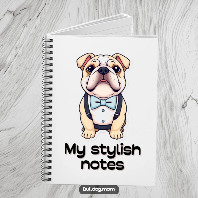 Funny notebook with a bulldog wearing a tiny bow tie and suspenders on the cover, ideal for stylish note-taking.
