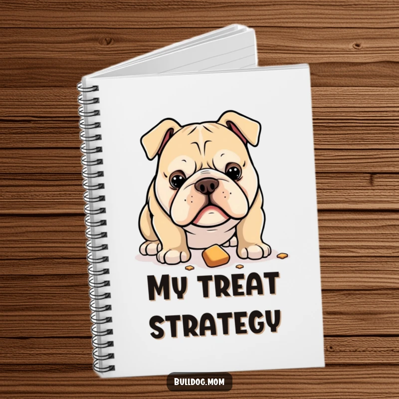 Funny notebook with a bulldog intensely staring at a dropped treat on the cover, ideal for jotting down desires.