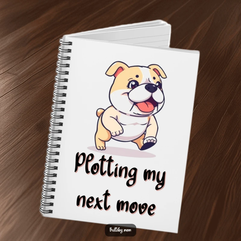 Funny kawaii Bulldog notebook with a determined, energetic stride design, perfect for note-taking and a funny gift. Humorous stationery.