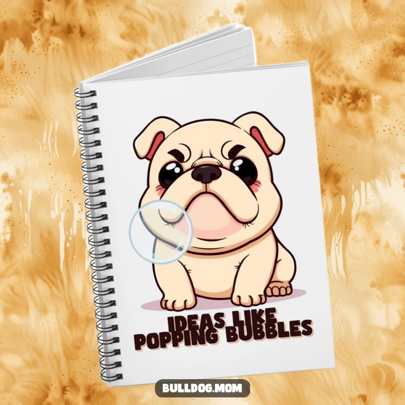 Funny Kawaii Bulldog notebook cover, showing a determined dog eyes wide, attempting to catch a floating bubble, a cute and funny illustration.
