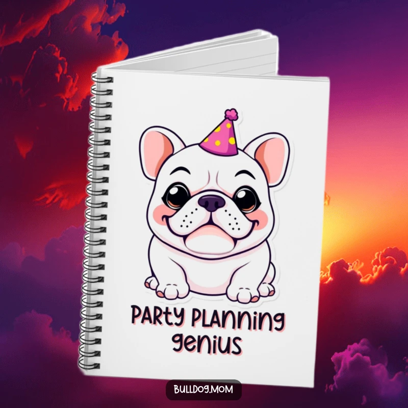 Funny Kawaii Bulldog notebook cover, showing a dog wearing a tiny party hat with a huge, goofy grin, ready for festive planning.