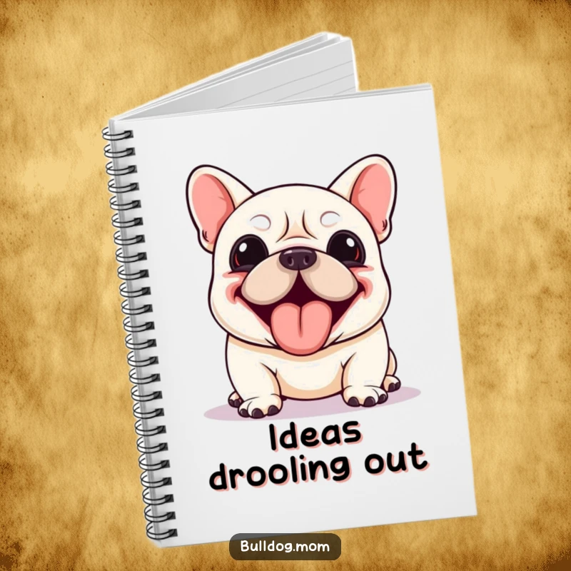 Funny Kawaii Bulldog notebook featuring a dog panting enthusiastically with its tongue lolling out, ideal for note-taking and ideas.