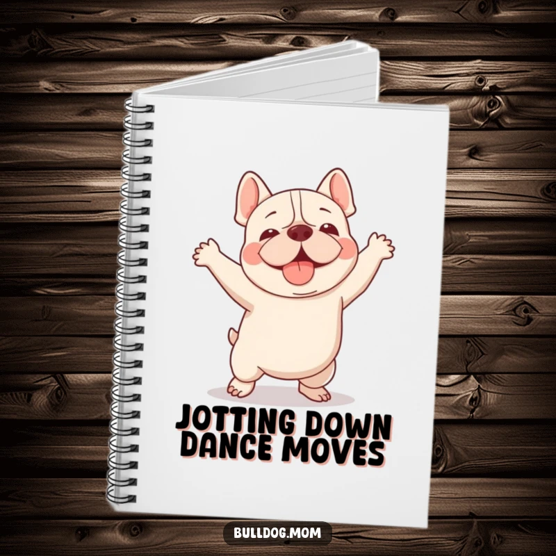 Funny Kawaii Bulldog notebook featuring a dog doing a clumsy but adorable happy dance, ideal for note-taking and creative ideas.