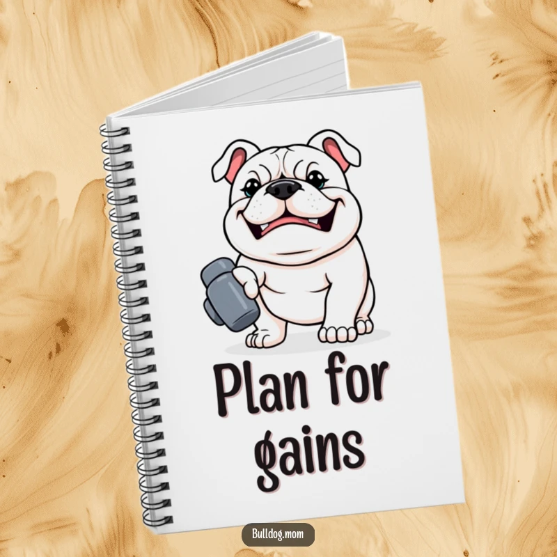 Funny Kawaii Bulldog Notebook, a strong dog with a determined grin carrying a tiny dumbbell, a humorous and inspiring fitness journal.