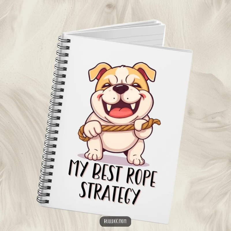 Funny Kawaii Bulldog notebook with a happy grunt, playing tug-of-war with a rope, great for notes and planning.