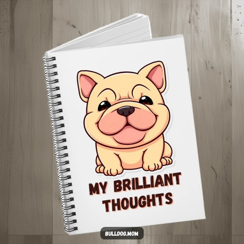 Funny notebook with a stocky dog's happy, very wrinkled face on the cover, ideal for capturing ideas.