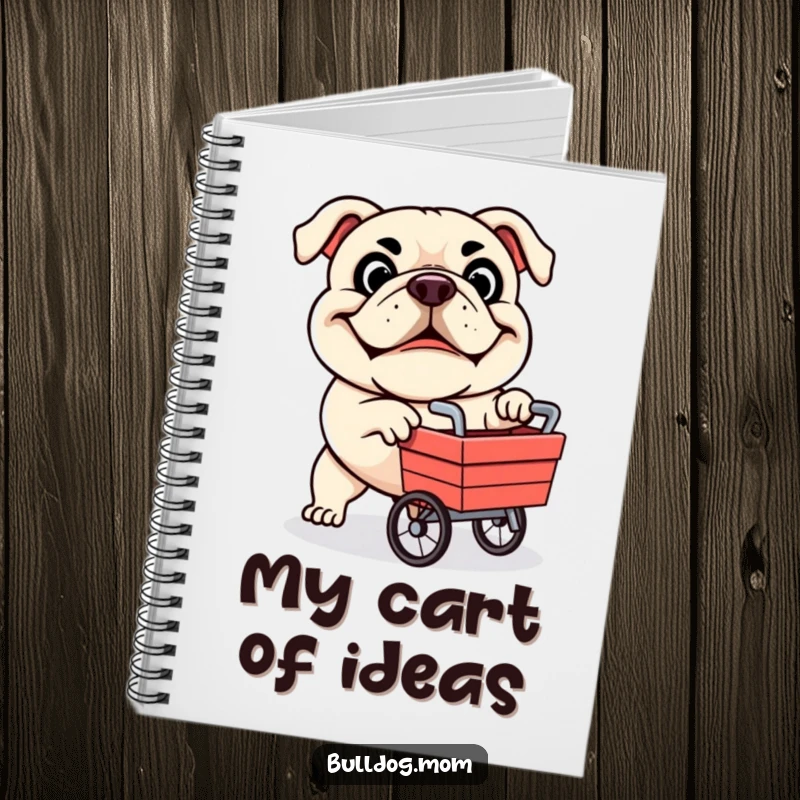 Funny notebook with a determined bulldog mascot pushing a small cart, designed to inspire creative ideas with humor.