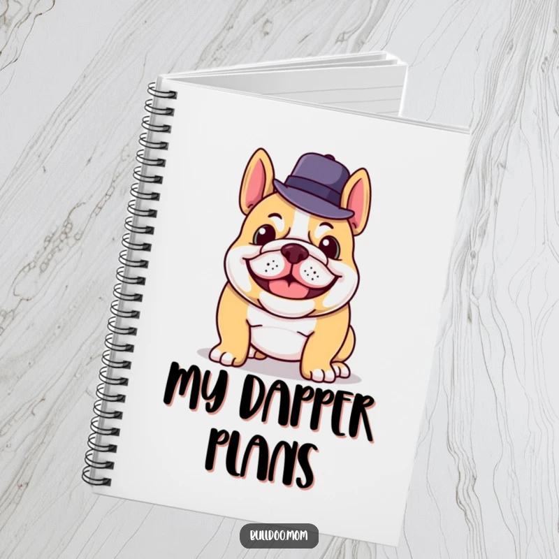 Funny notebook featuring a grinning bulldog tipping its hat, ideal for capturing sophisticated thoughts and notes.
