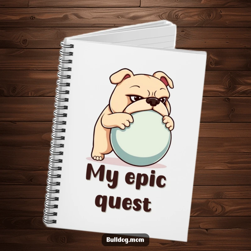 Funny notebook with a determined bulldog pushing a large ball on the cover, ideal for jotting down ambitious plans.