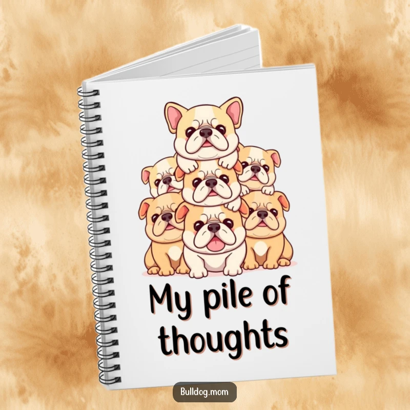 Funny Kawaii bulldog notebook featuring a stack of cute dogs piled contentedly, perfect for notes and dreams.