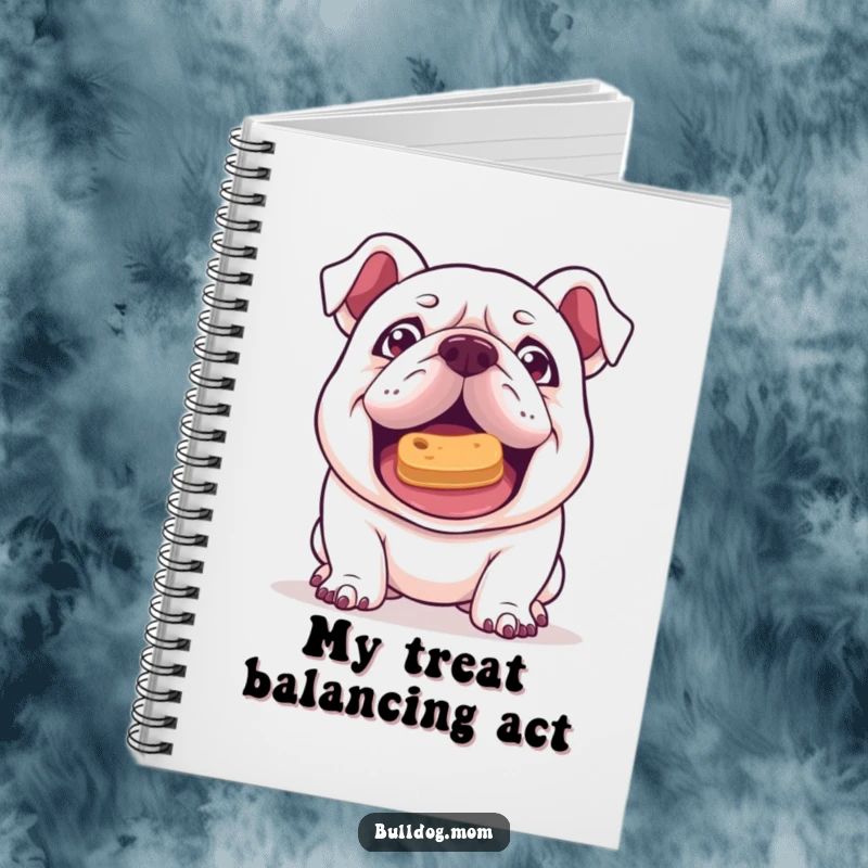 Funny Kawaii Bulldog notebook with a mischievous gleam, attempting to balance a treat on its nose, great for notes and clever ideas.