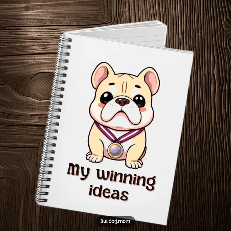 Funny notebook with a proud bulldog holding a medal on the cover, ideal for jotting down winning ideas humorously.