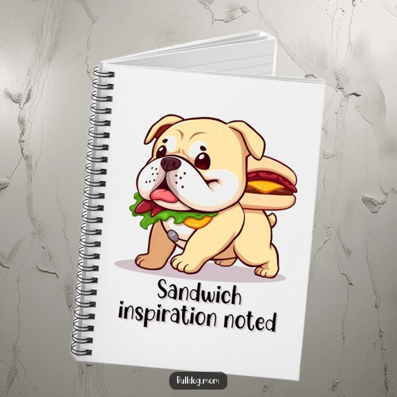 Funny notebook featuring a happy bulldog waddling with a large sandwich, inspiring tasty ideas.