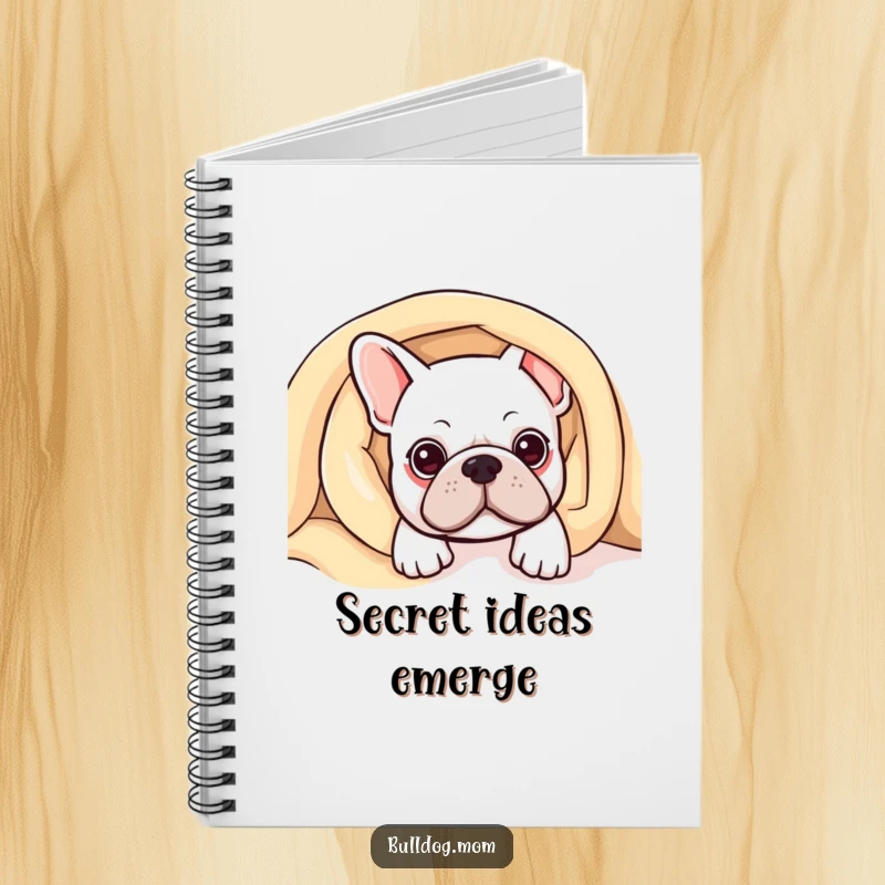 Funny Kawaii Bulldog Notebook with a cute bulldog peeking from under a blanket, perfect for capturing cozy thoughts.