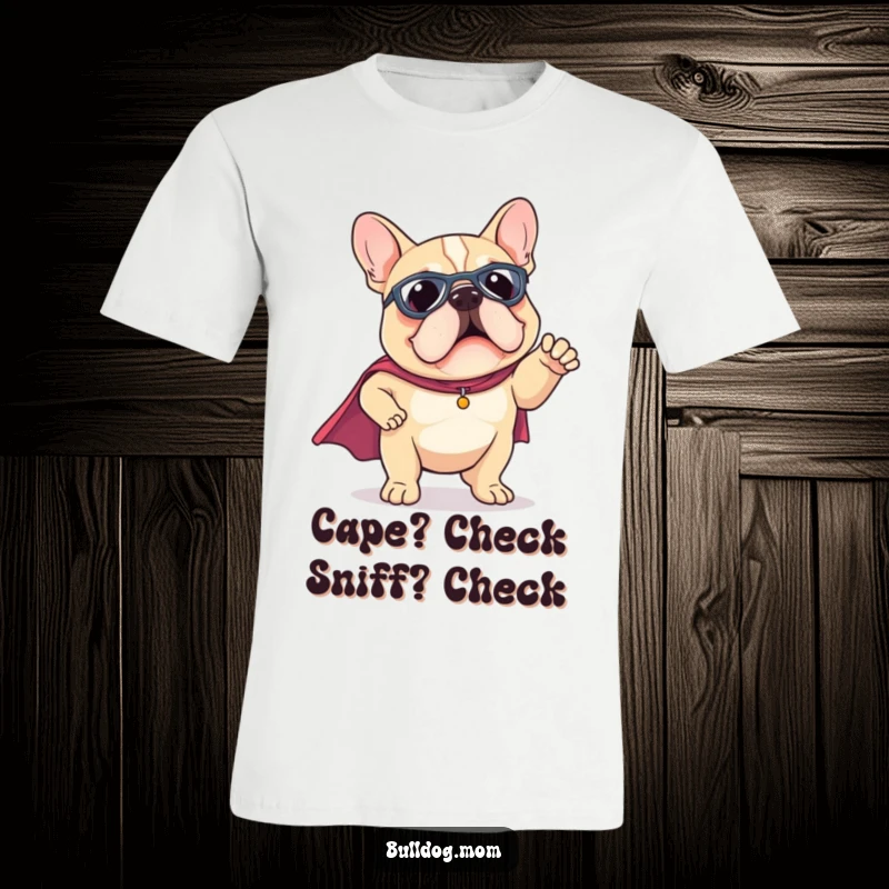 Funny Kawaii Bulldog t-shirt wearing a tiny superhero cape, striking a funny pose, representing bravery and humor.