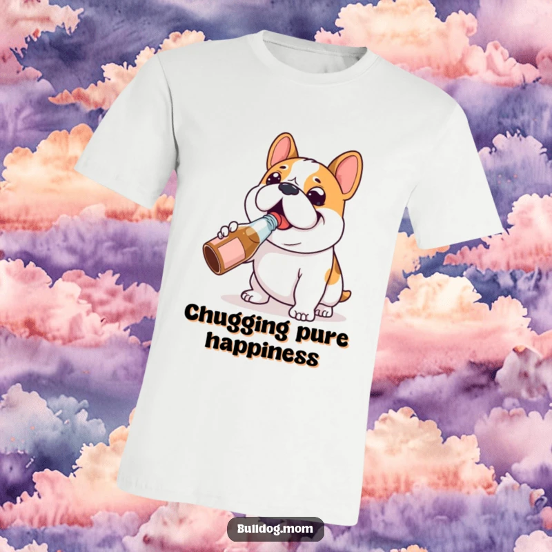 Funny Bulldog t-shirt depicting a happy Bulldog character happily chugging from a tiny bottle with infectious glee.