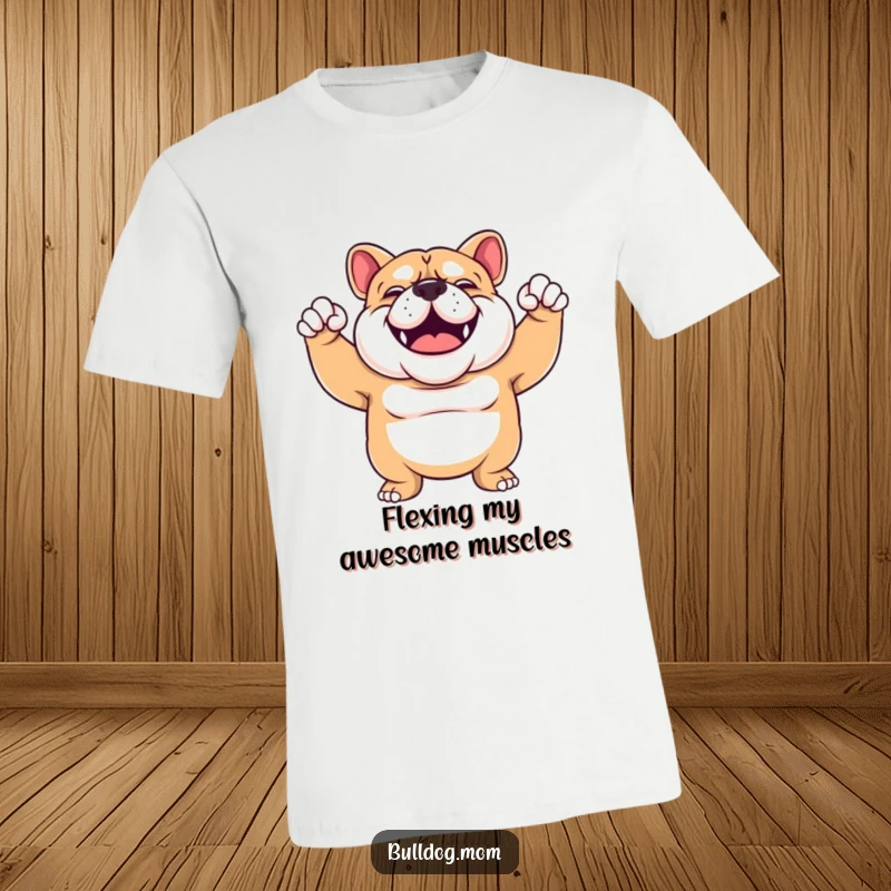 Funny Bulldog t-shirt depicting a sturdy, smiling Bulldog enthusiastically flexing its arms, radiating confidence and humor.