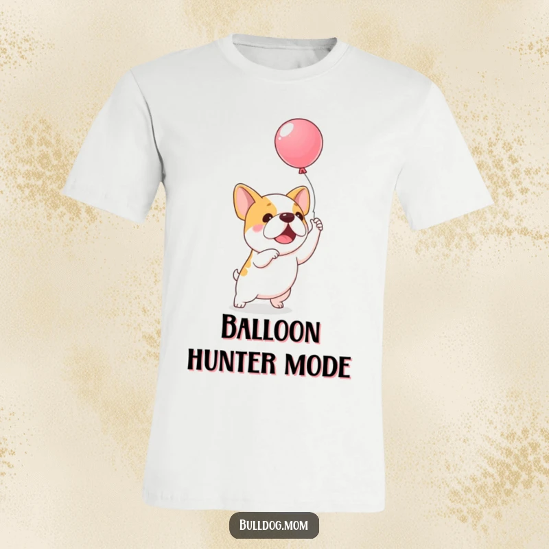 Funny Balloon Bulldog T-Shirt: A happy kawaii bulldog excitedly jumps, reaching for a brightly colored balloon floating in the air.