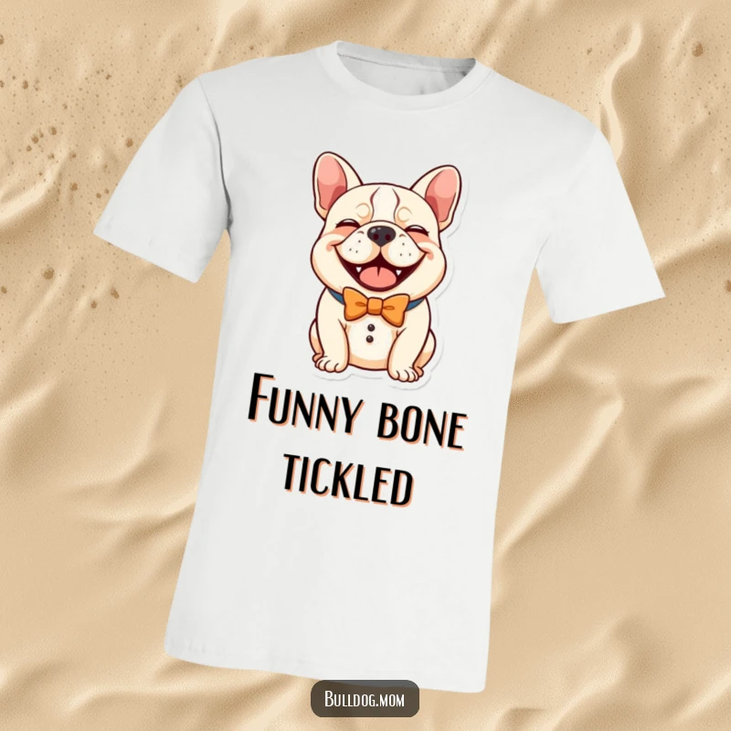Funny Kawaii Bulldog T-Shirt, a cute dog in a comical bow tie giving a hearty laugh, a hilarious and humorous dog outfit.