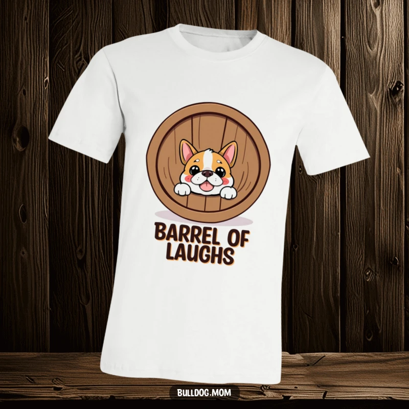 Funny Bulldog t-shirt featuring a happy dog peeking from behind a barrel. Great for a funny gift with playful charm.
