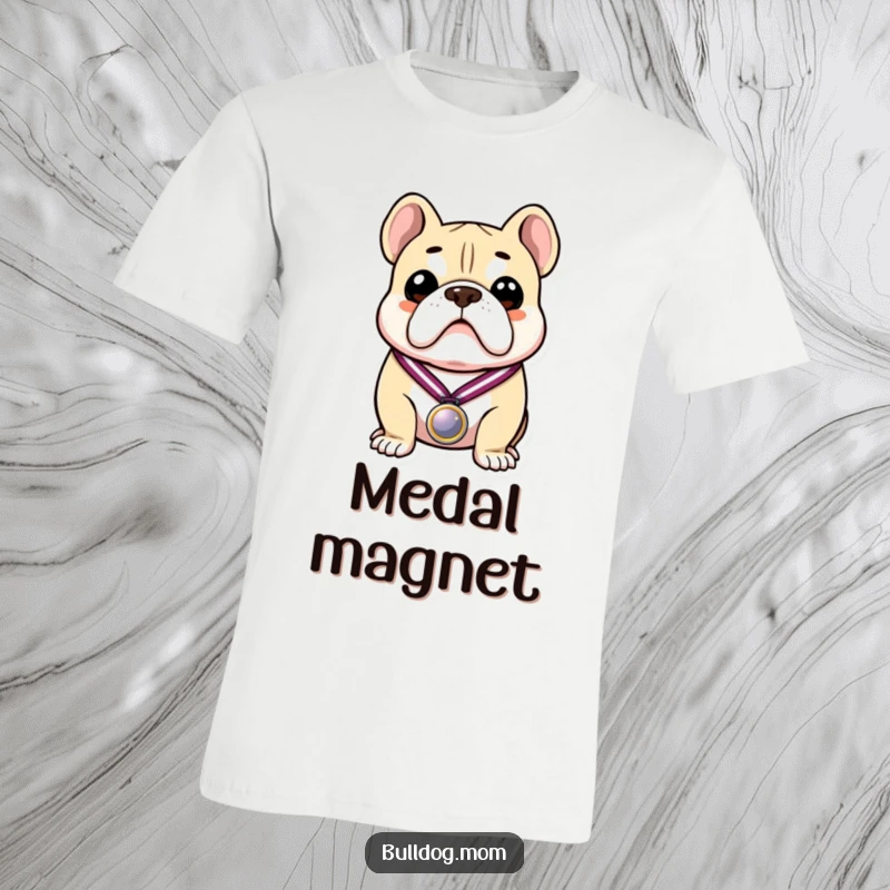Funny t-shirt showcasing a proud bulldog proudly holding a gleaming medal, radiating pure victory and accomplishment.