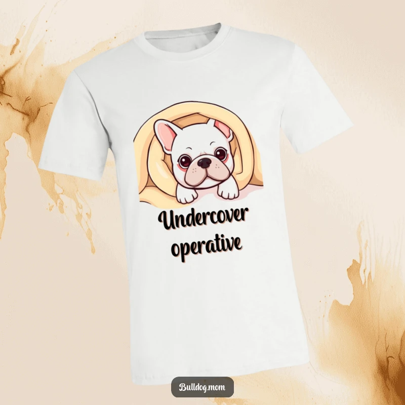Funny Kawaii Bulldog T-Shirt depicting a cute bulldog peeking from under a cozy blanket, inviting snuggles.