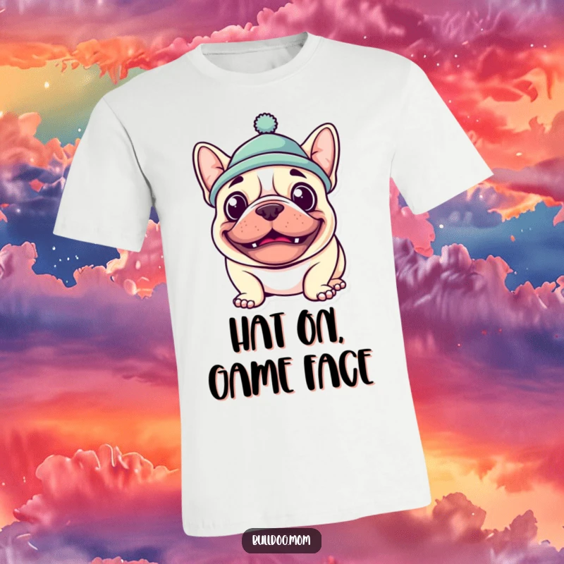 Funny Kawaii Bulldog T-Shirt featuring a dog with a huge grin and a hat, ideal for humorous and cute casual wear.