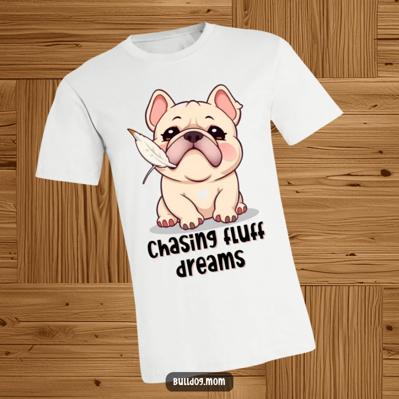 Funny Kawaii Bulldog t-shirt with a playful snort, attempting to catch a floating feather, showcasing energetic silliness and fun.