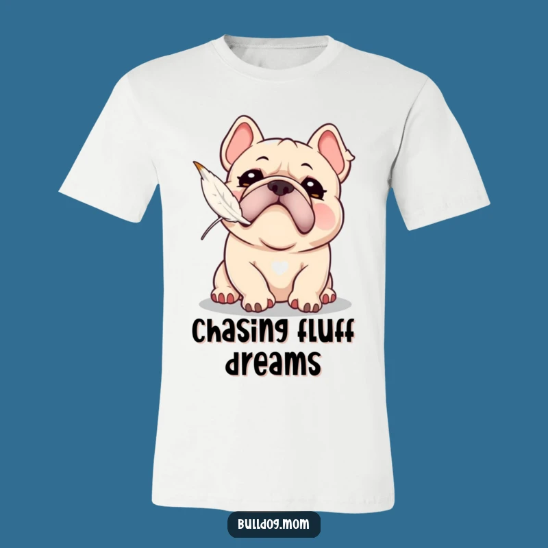 Funny Kawaii Bulldog Snorting Feather Chase T-Shirt - Playful Puppy Tee