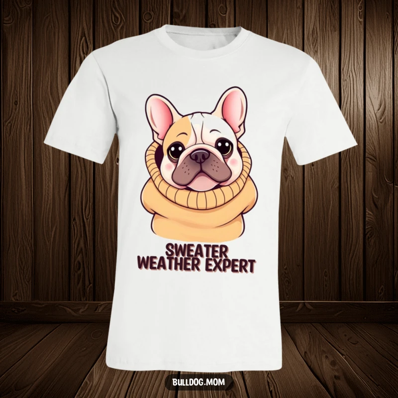 Funny Kawaii Bulldog T-Shirt: A cute bulldog peering out adorably from a comically large, warm sweater, embodying cuteness.