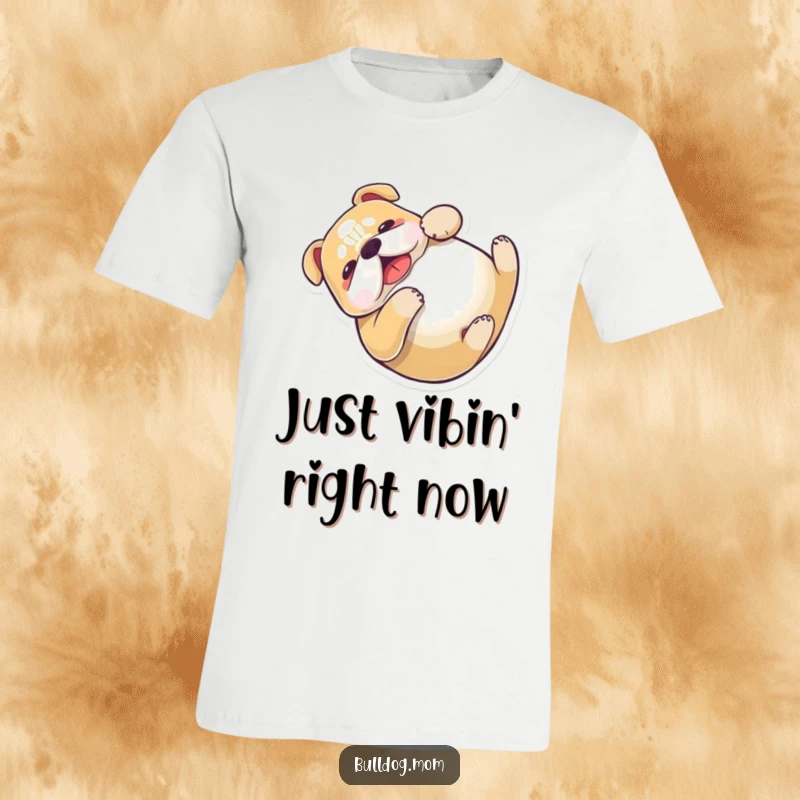 Funny Kawaii Bulldog T-Shirt of a happy dog rolling onto its back, perfect for lovers of cute and funny pet apparel.