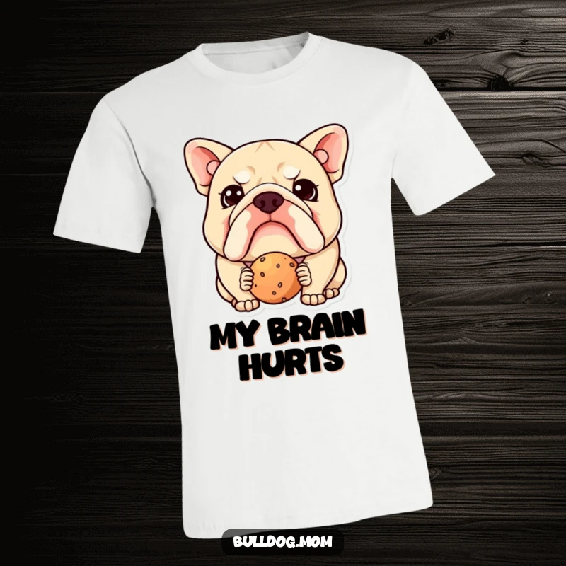 Funny Kawaii Bulldog T-Shirt: Cute confused puppy with furrowed brow, questioning a dropped treat, perfect humorous dog apparel gift.