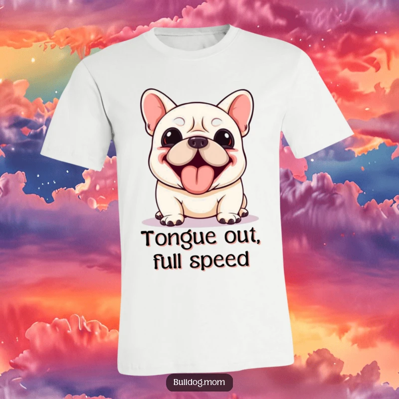Funny Kawaii Bulldog t-shirt showing a dog panting enthusiastically with its tongue lolling out, perfect for expressing high energy.