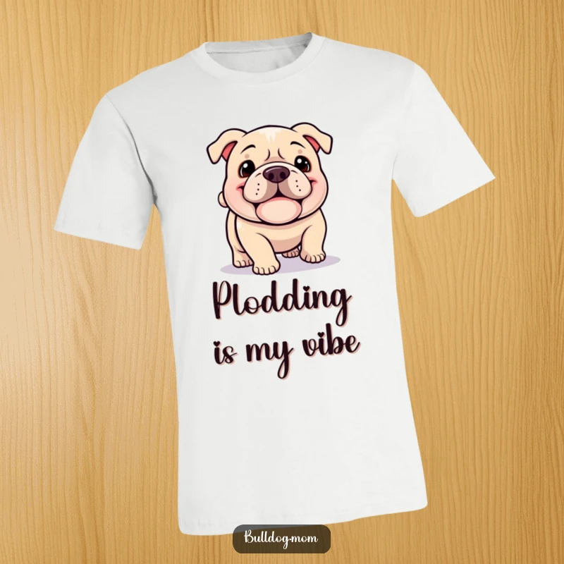 Funny Kawaii Bulldog t-shirt, a cute dog with a jowly grin happily plodding along with a wagging tail, conveying pure happiness.