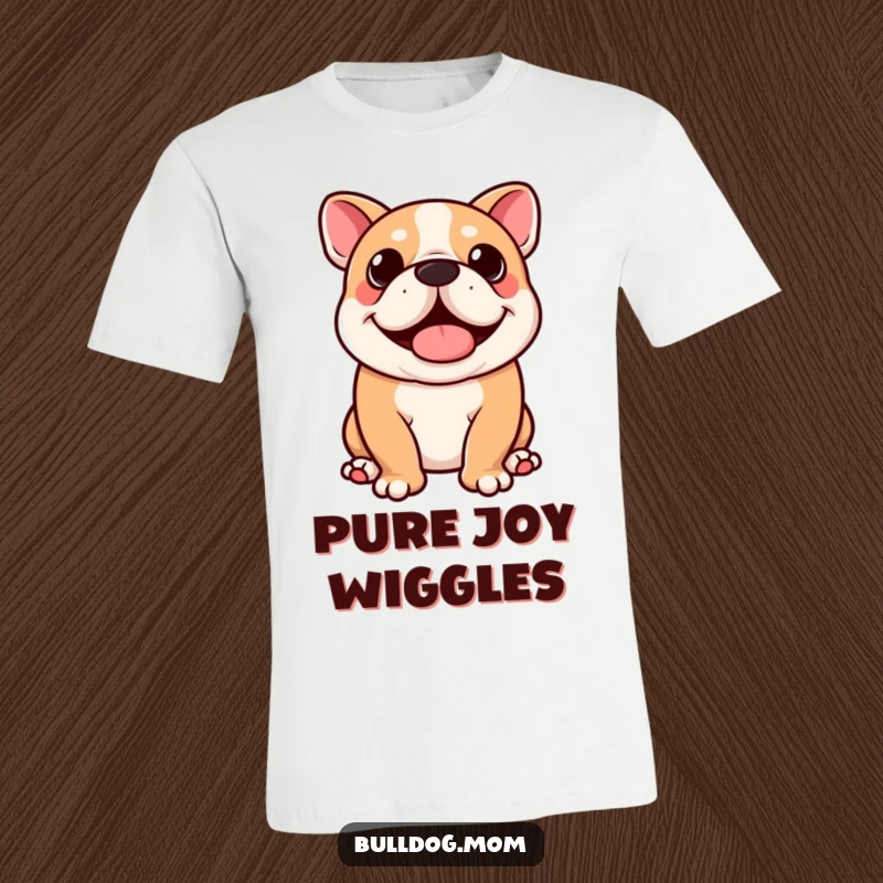 Funny Kawaii Bulldog T-Shirt: Adorable puppy doing a full-body happy wiggle, perfect humorous dog apparel gift.