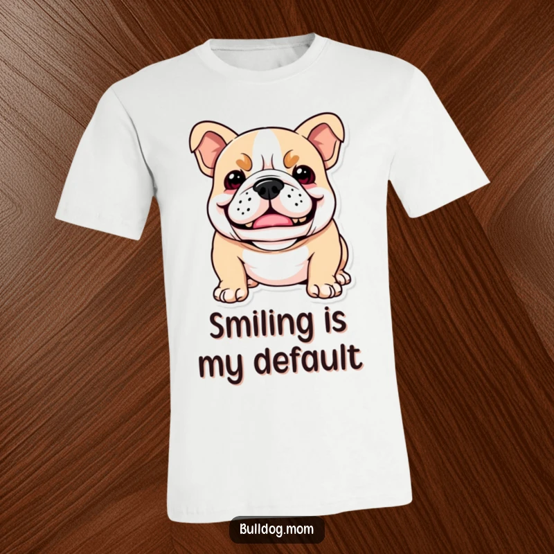 Funny Kawaii Bulldog t-shirt featuring a dog with a playful snarl that appears as a happy smile, perfect for expressing mischief.