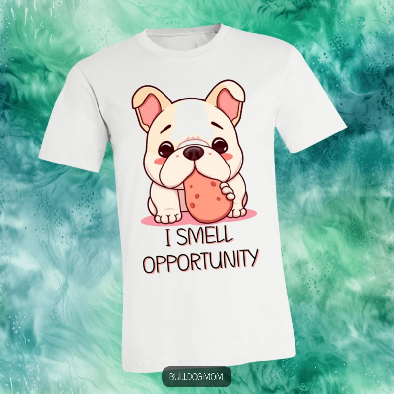 Funny Kawaii Bulldog T-Shirt depicting a dog nudging a treat with its nose, perfect for snack lovers and humor enthusiasts.